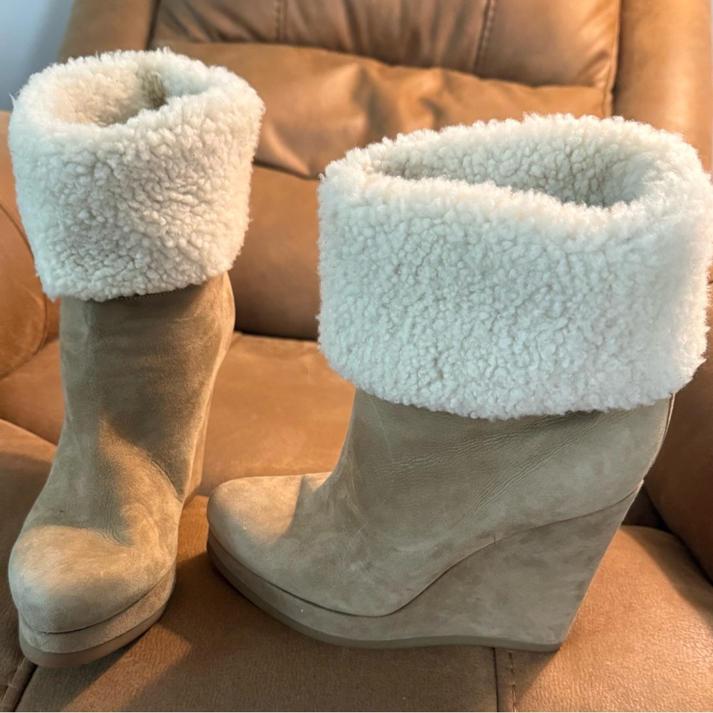 Jil Sander Tan Wedge Boots with Cream Fur